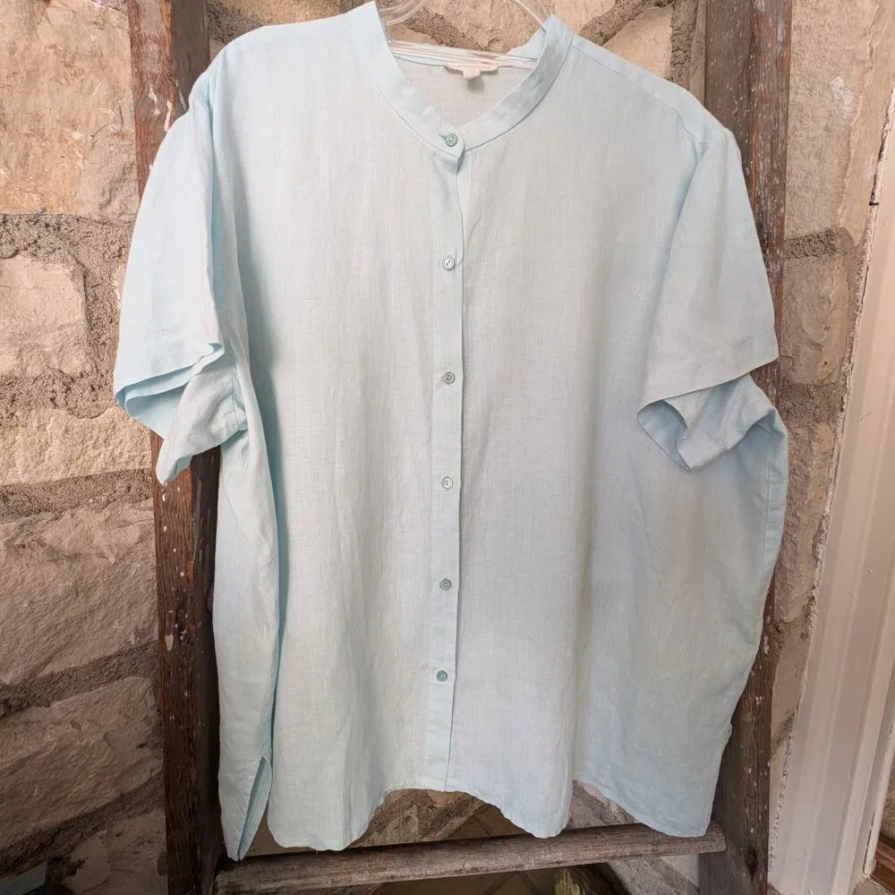 Eileen Fisher Organic Linen Band Collar Short-Sleeve Shirt Pale Aqua Size 1X - Picture 3 of 10